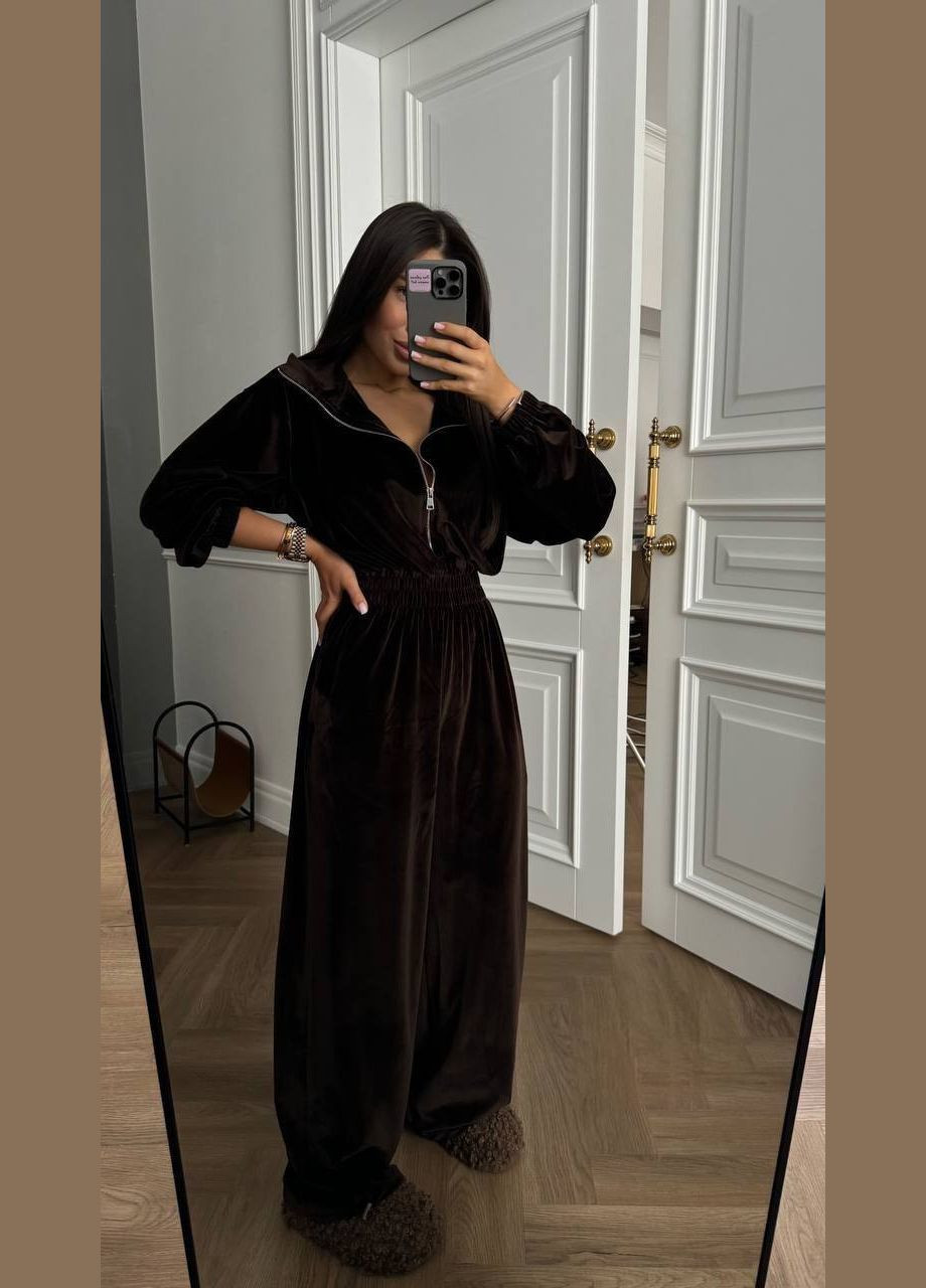 Жіночий велюровий комбінезон Avanti комбінезон-брюки однотонний темно-коричневий повсякденний велюр