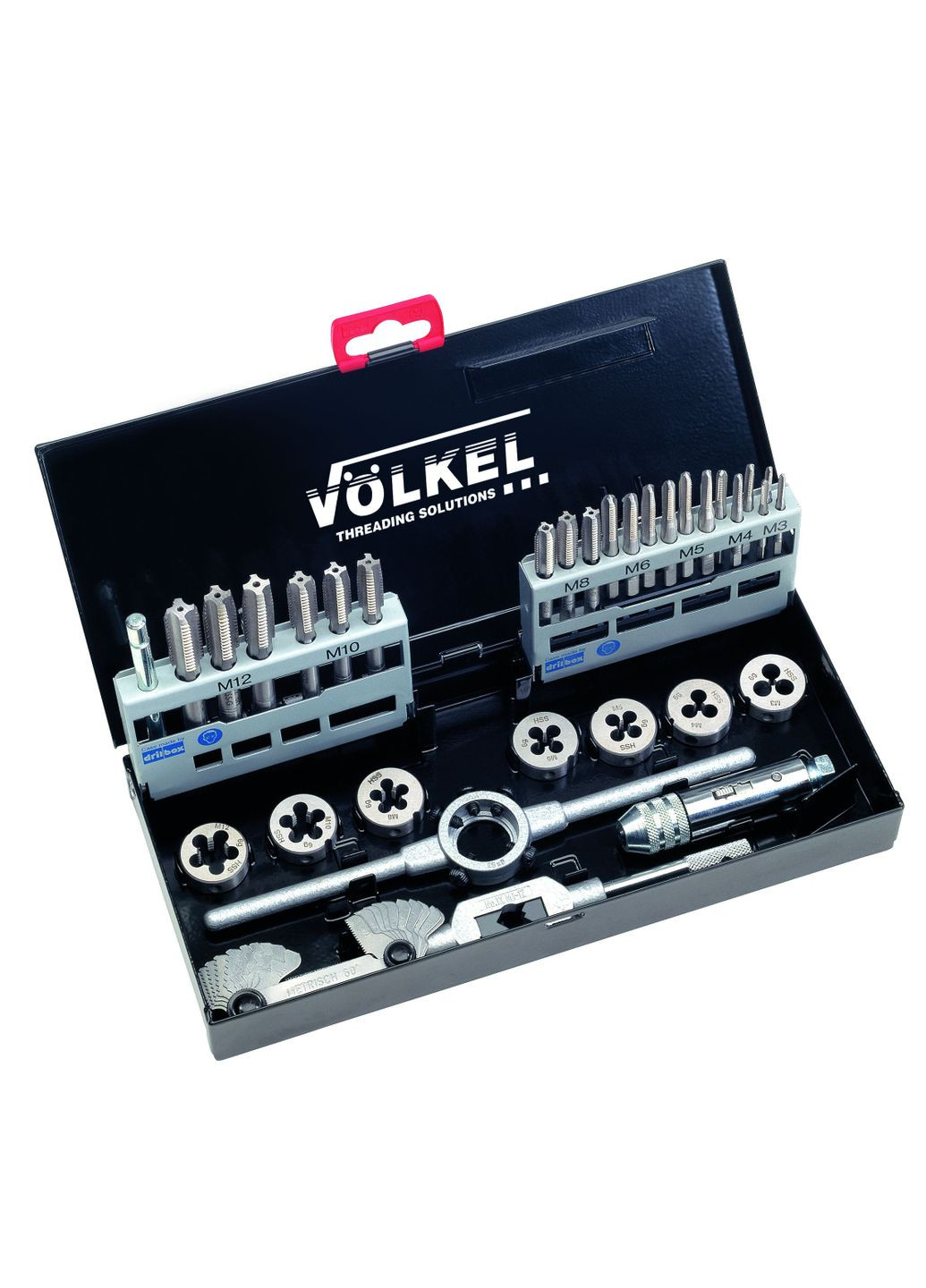 Набір мітчиків (комплект 3 шт) та плашок M3-4-5-6-8-10-12 мітчикотримачі + плашкотримач HSS-G металевий кейс 4950 (16109) Volkel (306738042)