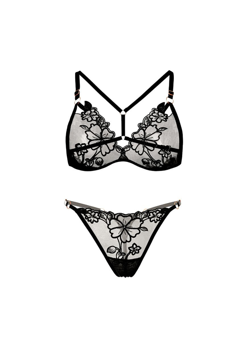 Чорний красивий прозорий комплект жіночої нижньої білизни із сітки NDS