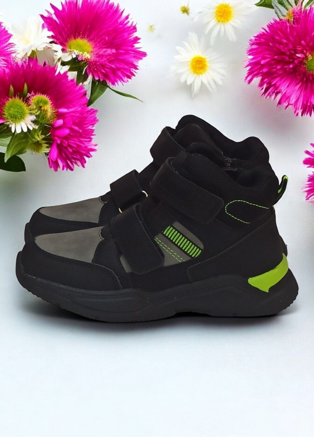 Черные спортивные, повседневные осенние демисезонные ботинки на липучках утепленные для мальчика 515 черные с серым Clibee
