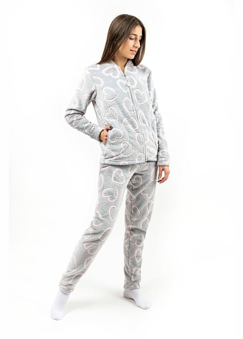 Серая зимняя теплый женский домашний костюм сердечки (кофта+штаны) Україна
