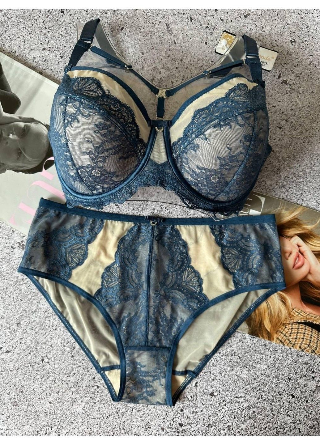 Синий комплект женского нижнего белья с портупеей синий Lanny Mode