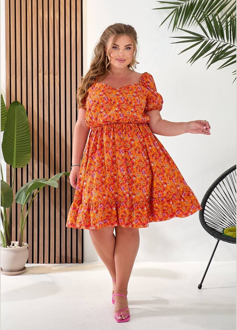 Оранжевое повседневный, кэжуал, коктейльное, вечернее женское платье клеш Україна с цветочным принтом