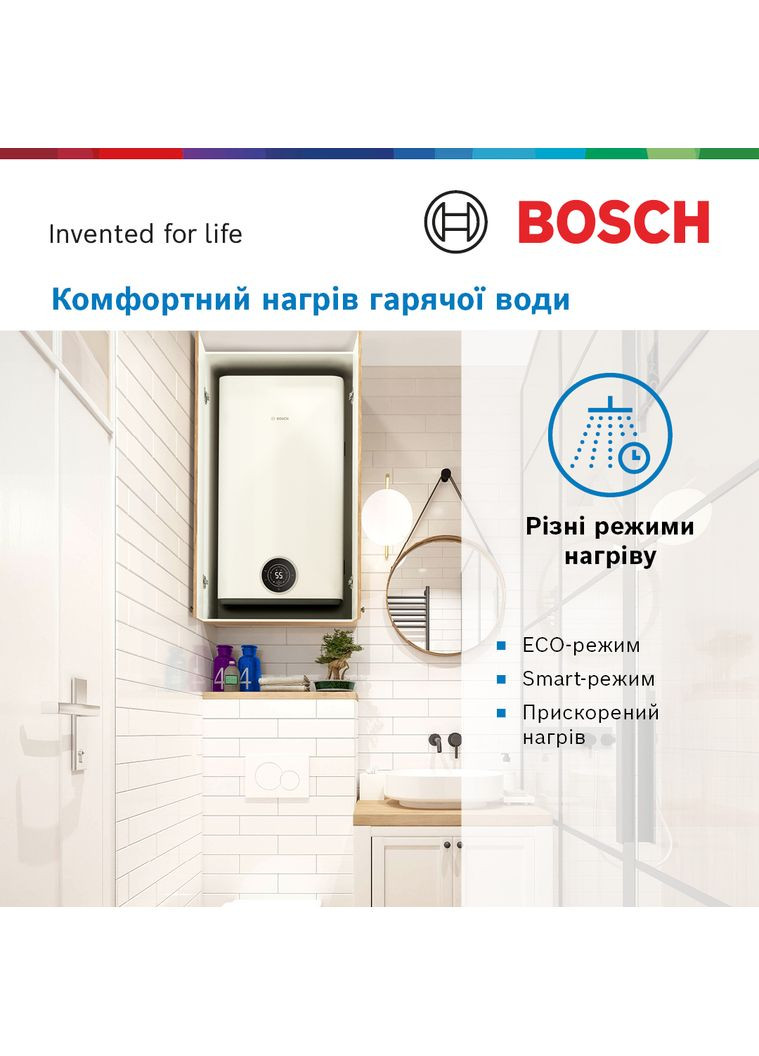 Водонагрівач електр. плаский слім Tronic 4500, 50л, 1.5кВт, ун. монтаж, електр. кер-ння, B, Bosch (363320965)