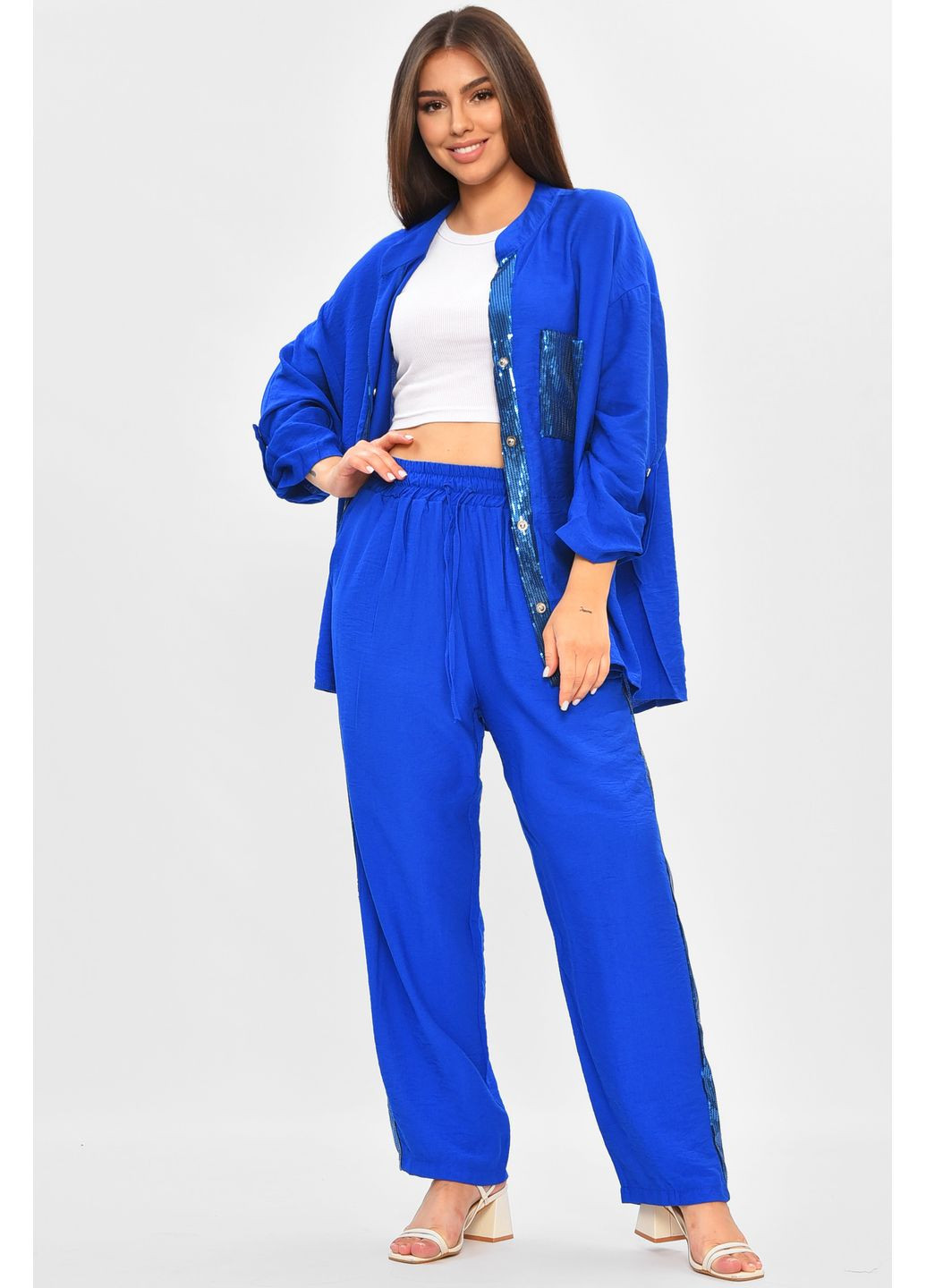 Костюм женский тёмно-синего цвета с пайетками Let's Shop (355795954)