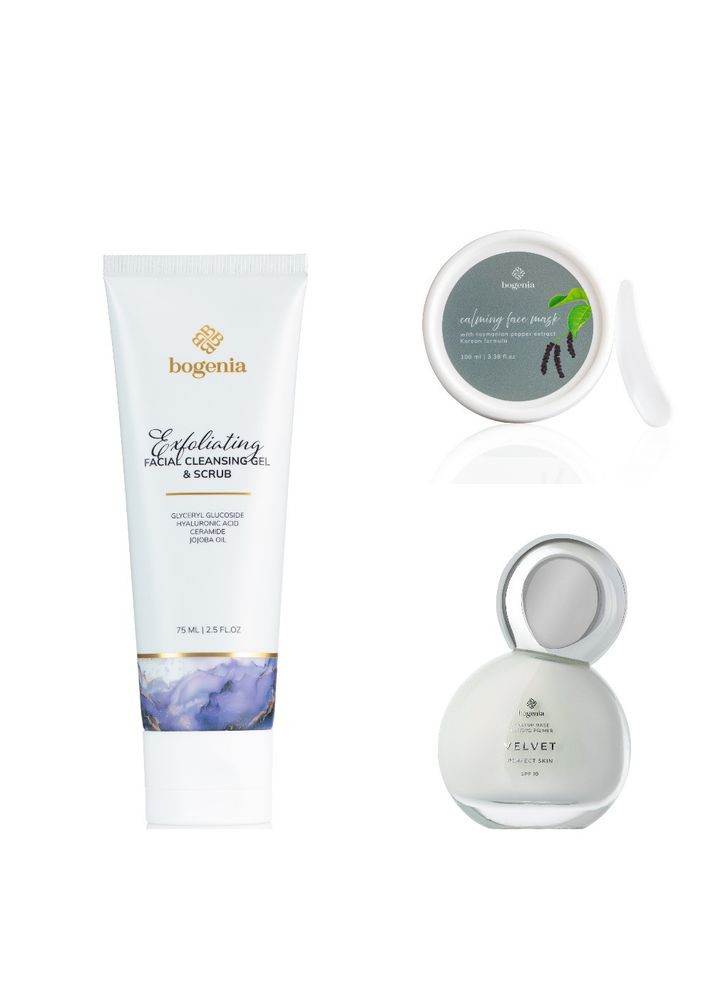 Набор: гель-скраб для лица, успокаивающая маска, матирующая база под макияж. Bogenia (352475264)