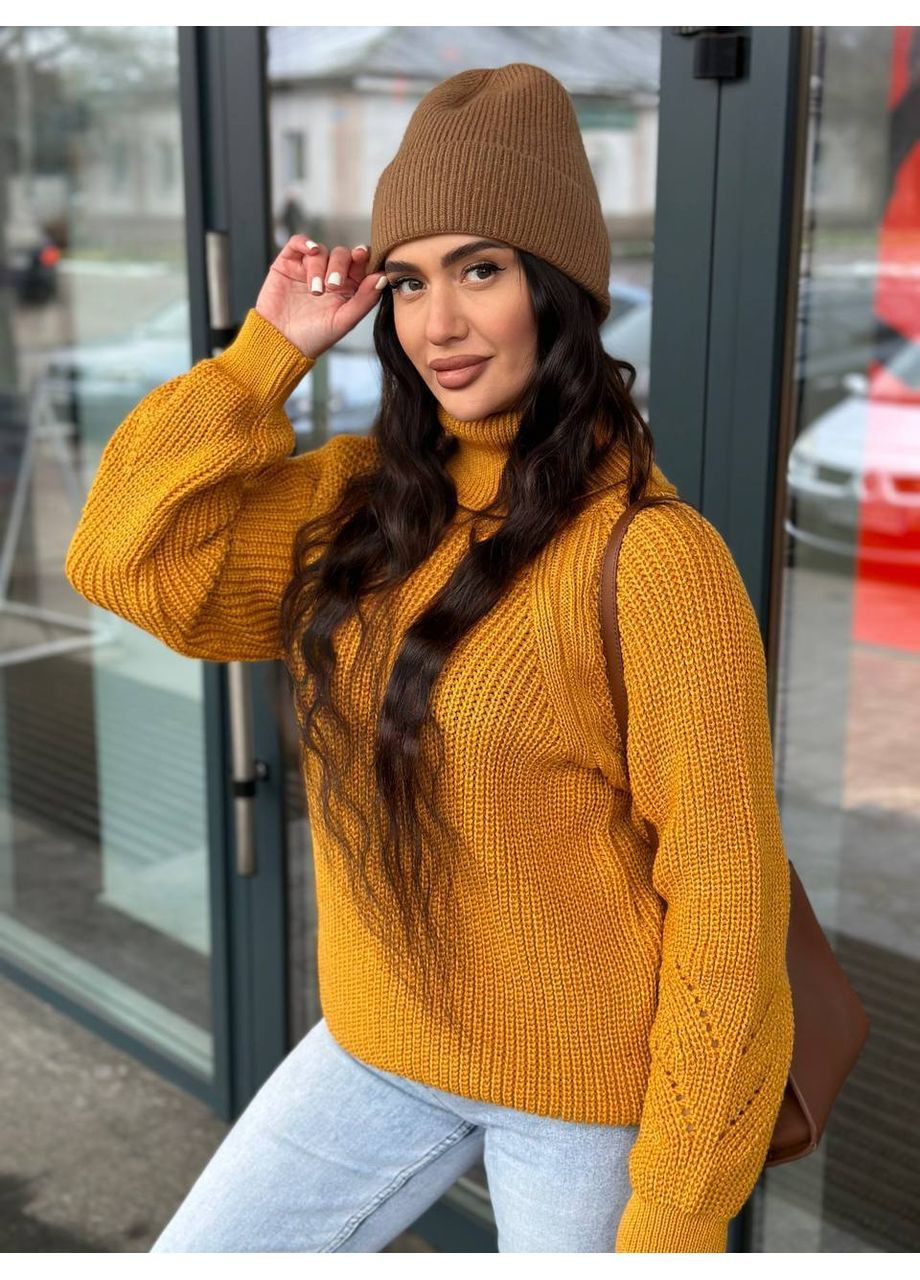 Горчичный демисезонный женский свитер с горловиной джемпер No Brand