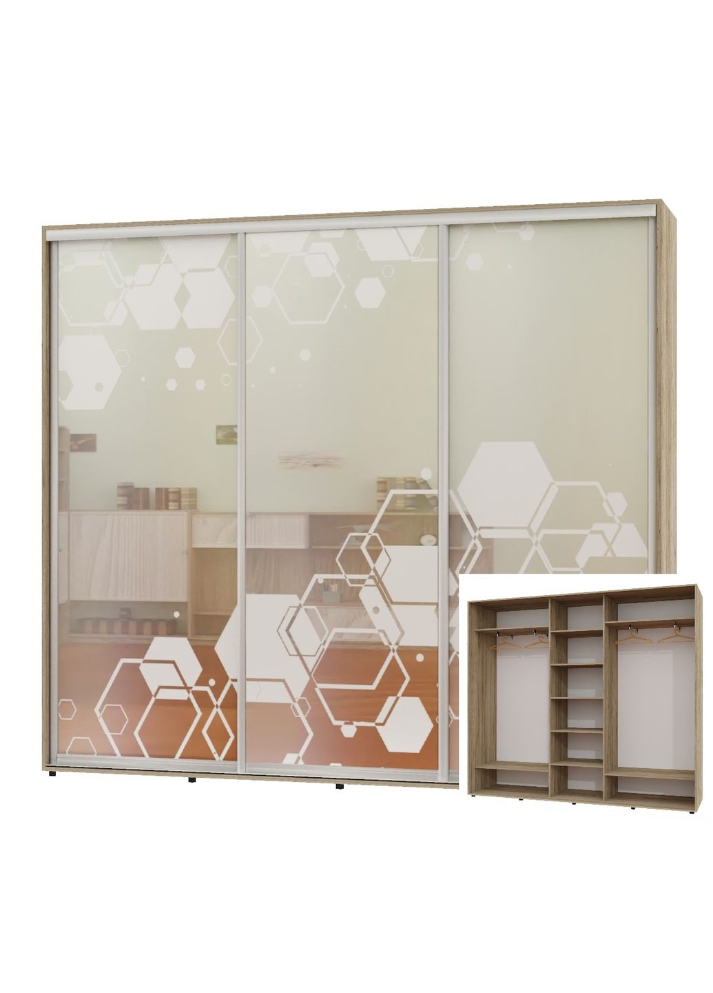 Шафа-купе тридверна 250*45*250 Дуб крафт сірий Дзеркало з піскострумним малюнком ШК-04 Алекса (360477054)