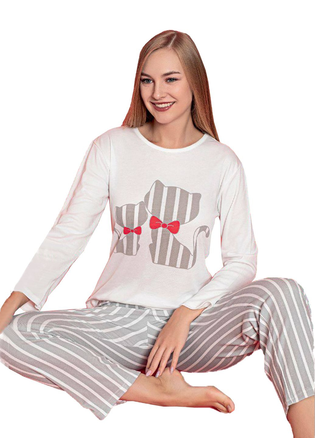 Біла піжама жіноча бавовна інтерлок лонгслів + брюки No Brand