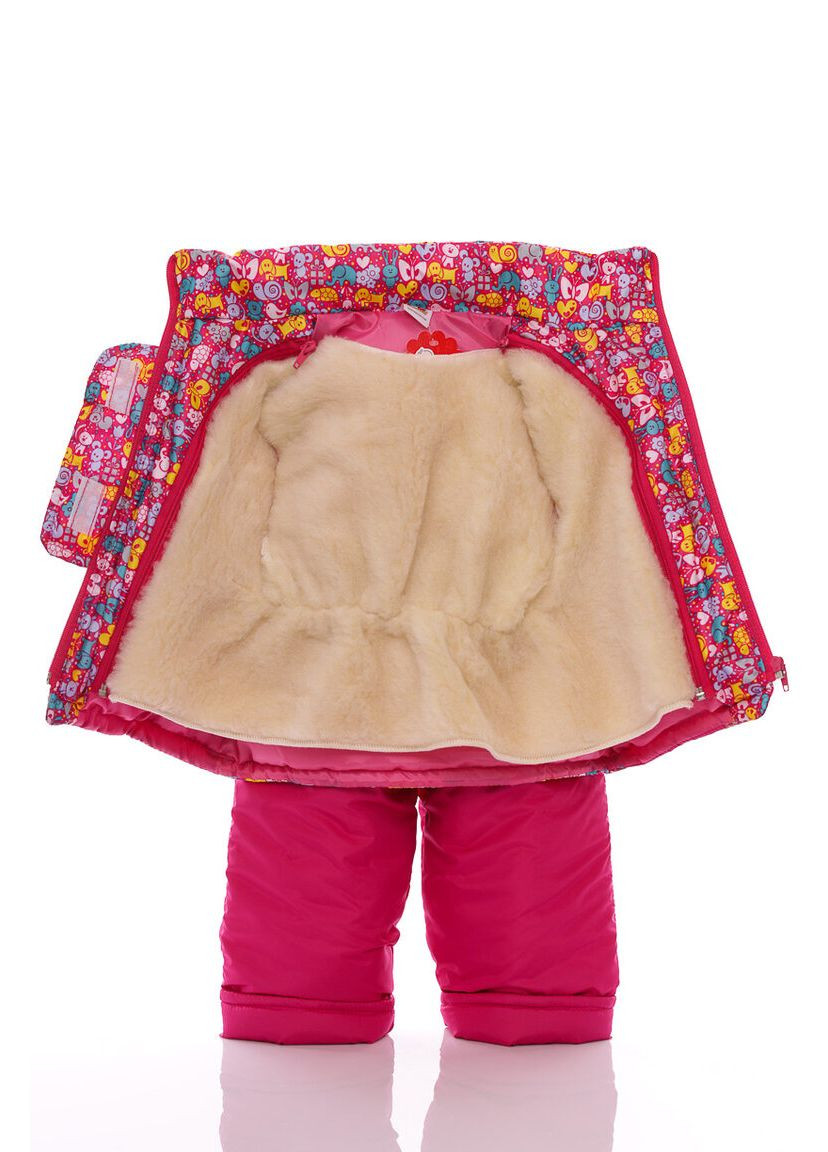 Рожевий зимній комбінезон на синтепоні для дівчинки з принтом тварин нуль підстібка білий з чорним хутро малинове 86 см (51509) BABYKROHA