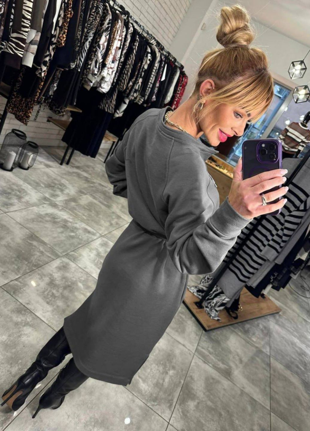 Сіра повсякденний сукня з поясом сукня-світшот Allthings однотонна