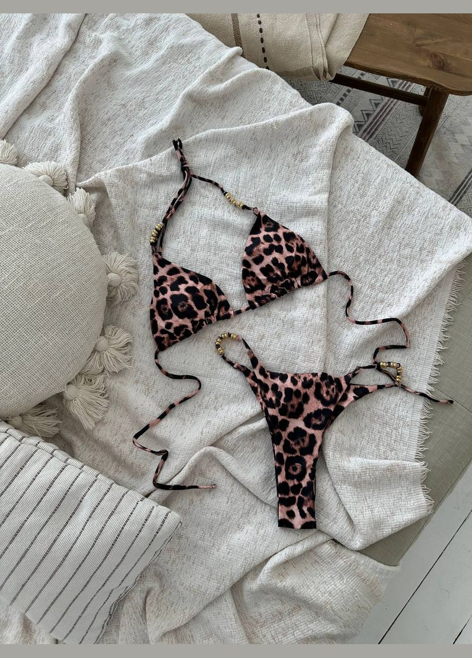 Бежевий літній стильний купальник із леопардовим принтом роздільний Vakko