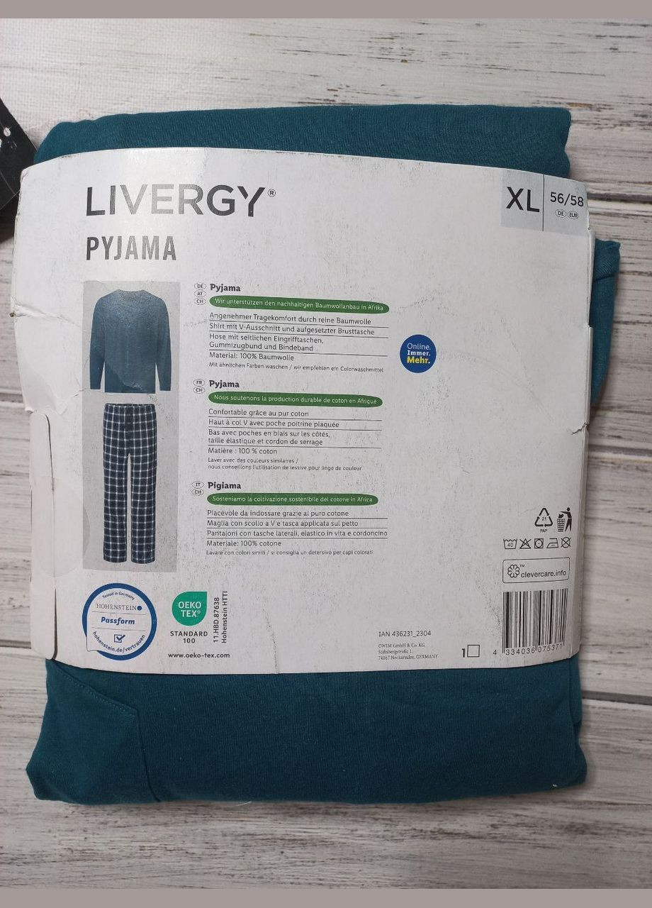 Піжама комплект лонгслів і штани у клітинку для чоловіків1650 Livergy Піжама (304995945)