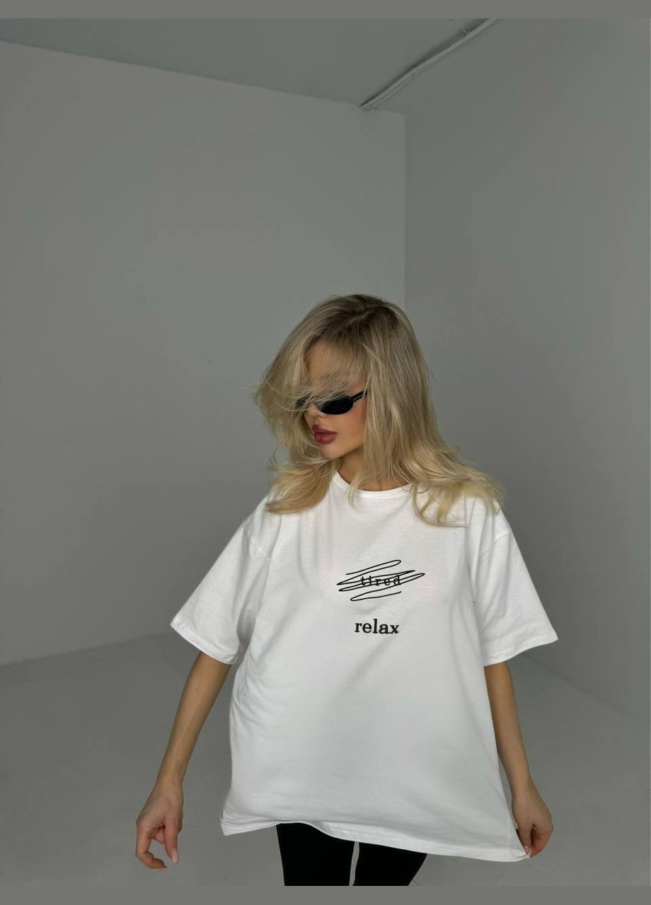 Красивая однотонная белая oversize футболка с качественным 3D накатом "relax", шикарная футболка из хлопка (100%) No Brand 104 - (291622370)