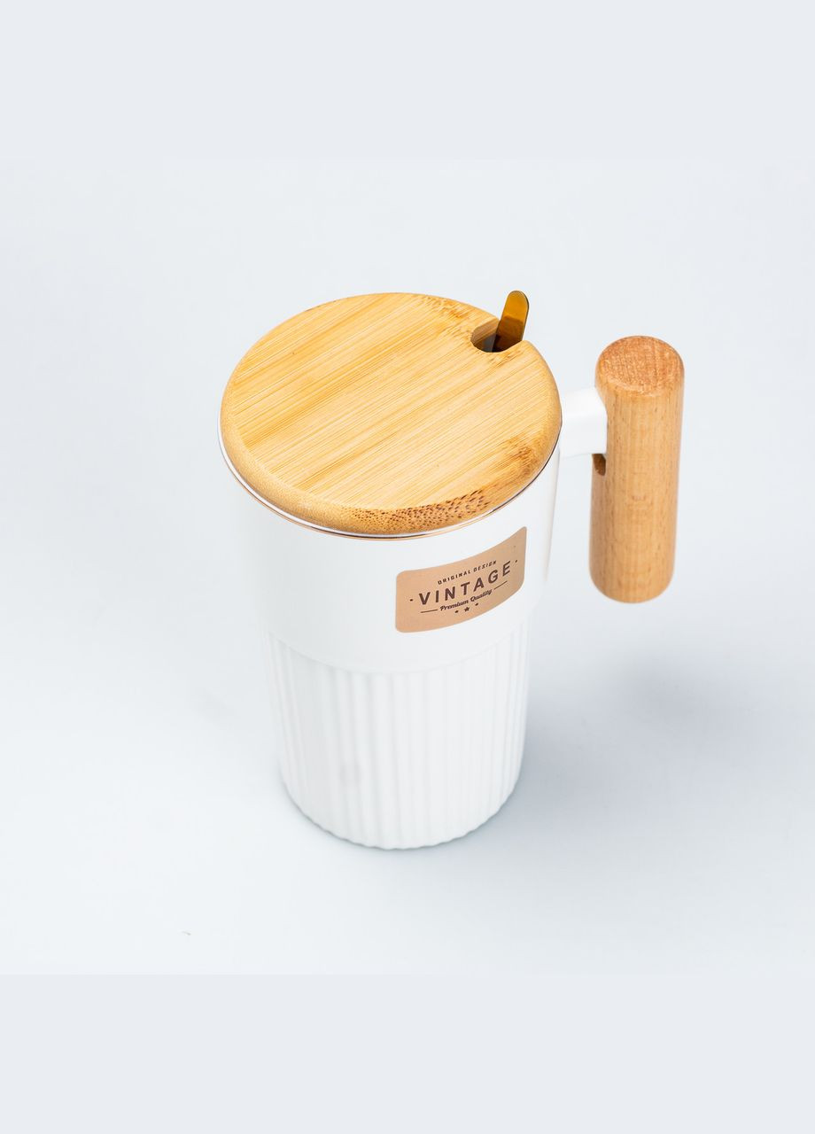 Чашечка керамическая 400 мл Vintage с бамбуковой крышкой и ложкой, белый TS Kitchen (322640287)