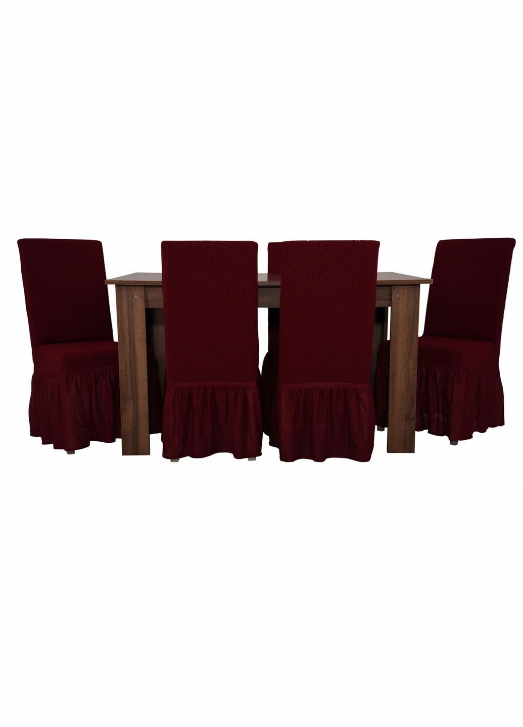 Жакардові чохли на стільці з оборкою (натяжні) набір 6-шт 421 Бордовий Venera (268547656)