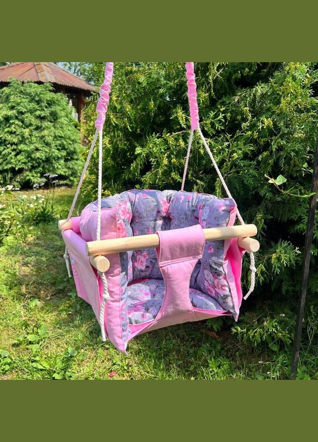 Подвесные хлопчатобумажные детские качели «Премиум» розового цвета с цветочками (gs8579) Gold Swing (290049062)