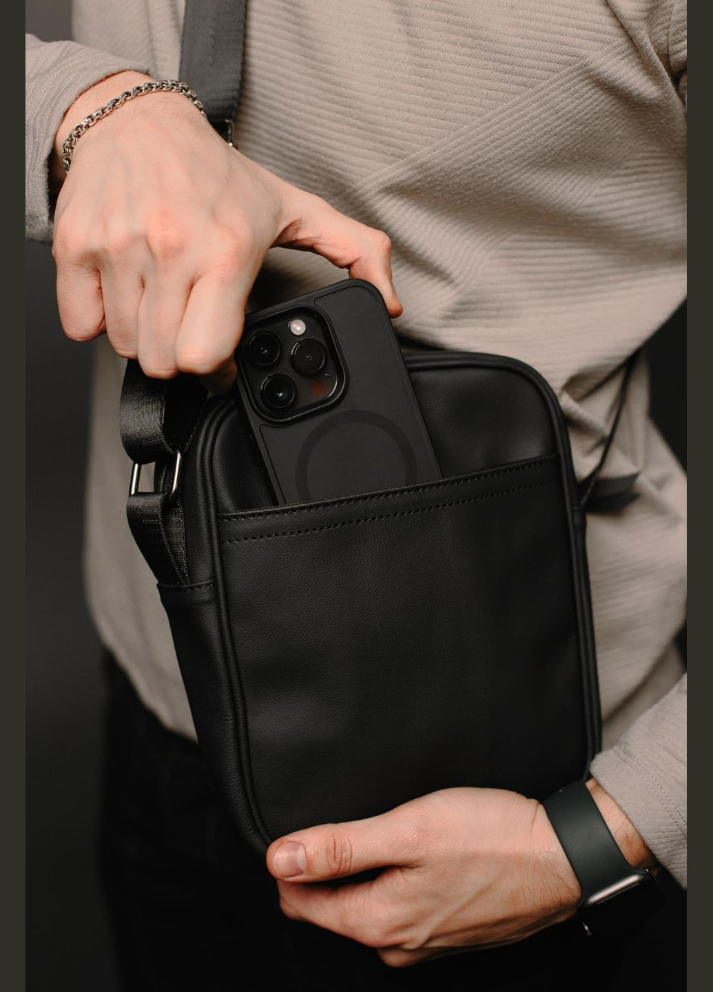 Сумка-мессенджер із натуральної шкіри, сумка через плече чоловіча Light (Чорна) SKILL (324030636)