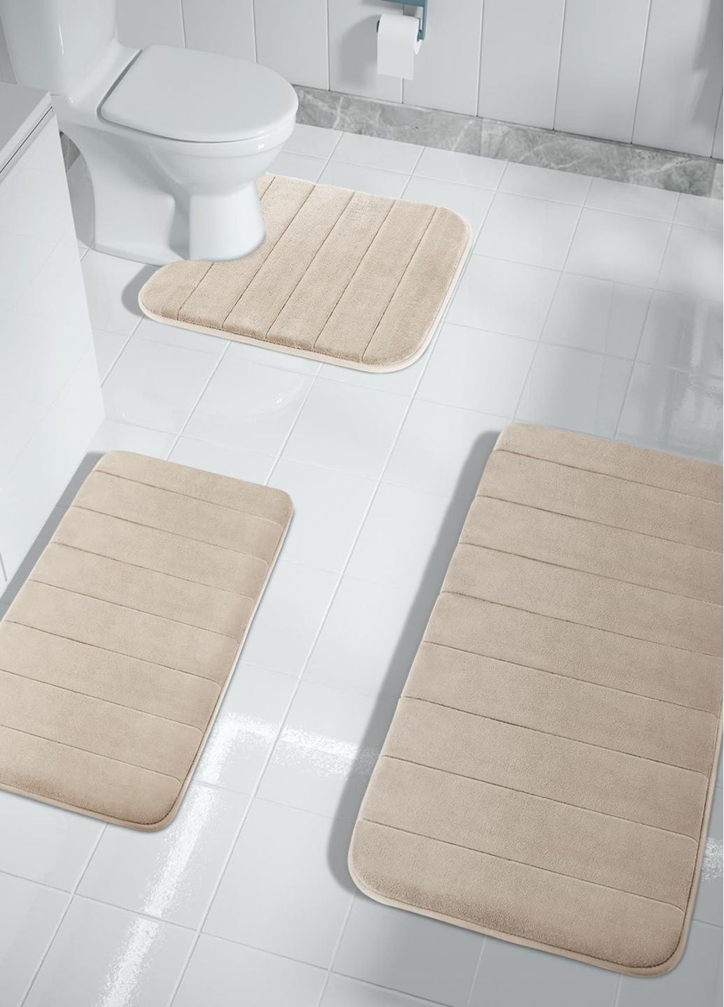 Набор ковриков для ванной и туалета с эффектом памяти 3 шт (50 х 80 см, 40 х 60 см и U-образный 50 х 50 см) Бежевый Aquarius (281327195)