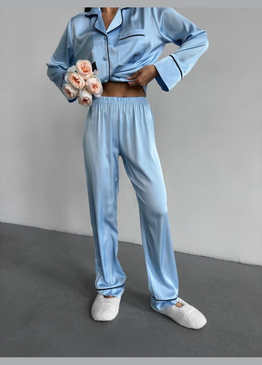 Блакитна всесезон шовкова піжама сорочка + брюки No Brand
