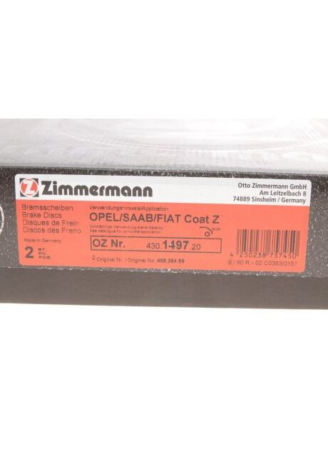 ДИСК тормозной задней OPEL SIGNUM 05/03- VECTRA C 04/02- VECTRA C ESTATE 10/03- VECTRA C GTS 08/02- 430.1497.20 ZIMMERMANN (366169867)