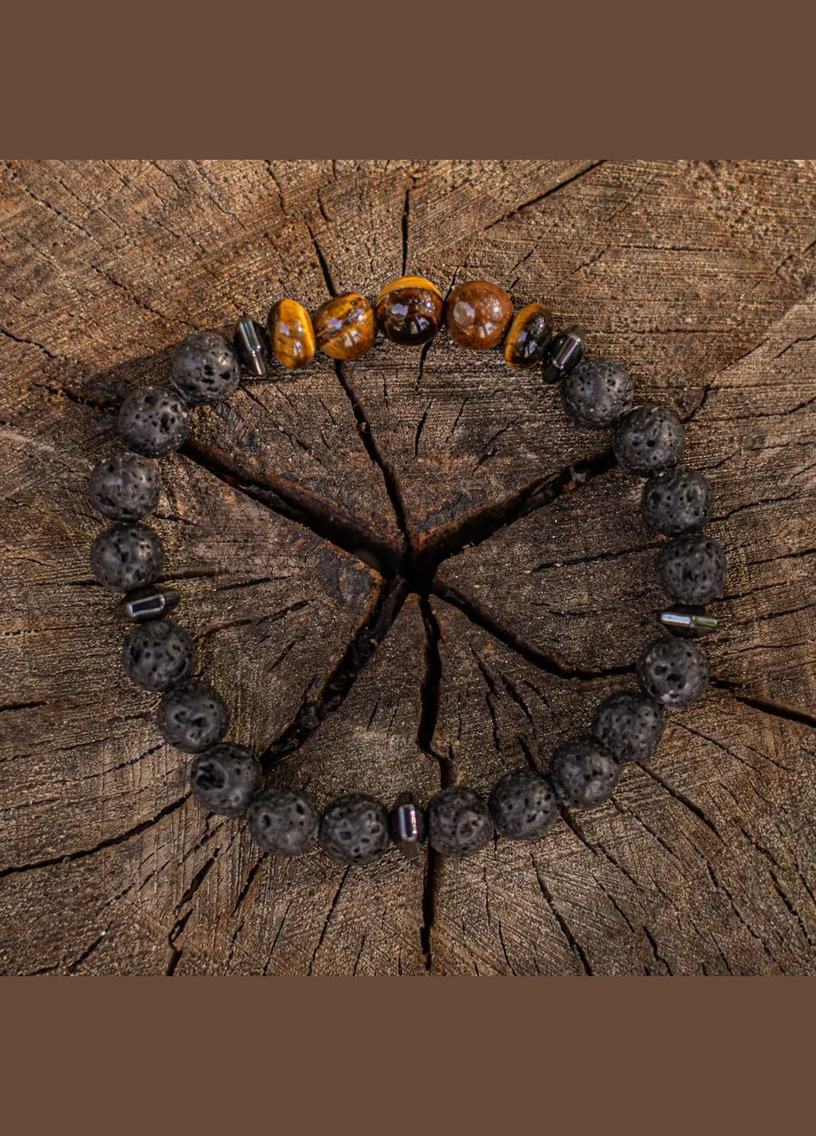 Браслет чоловічий на гумці натуральне Тигрове Око, Лава +вставки Гематит d-8мм обхват 19см No Brand Браслет (315440164)