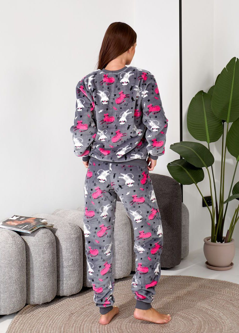 Серая зимняя женская теплая плюшевая пижама свитшот + брюки Modena