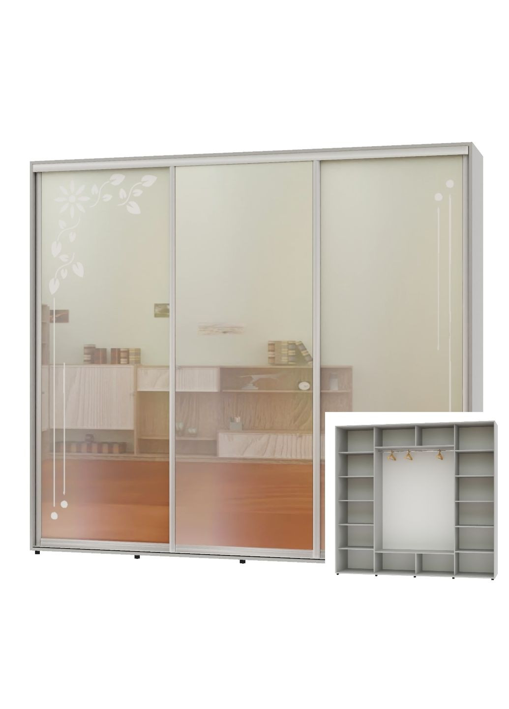 Шафа-купе тридверна 250*60*220 Сірий 2 Дзеркала з піскострумним малюнком/Дзеркало ШК-05 Алекса (360477506)