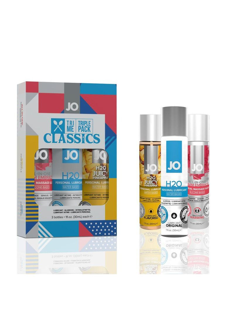 Набір Tri-Me Triple Pack — Classics (3×30 мл) водна, силіконова та смакова змазка Jo (367722905)