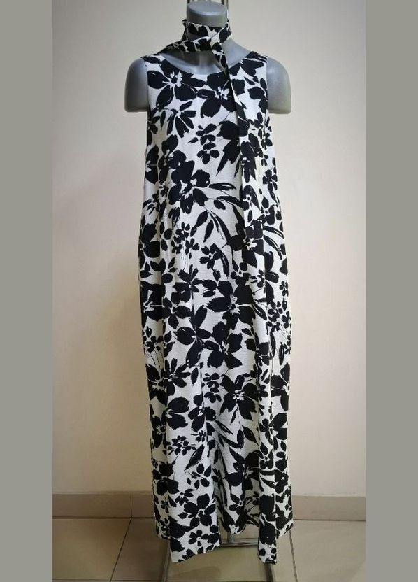Комбінована сарафан чорно-білий з квітковим принтом mkks805-1 KAPTSOVA