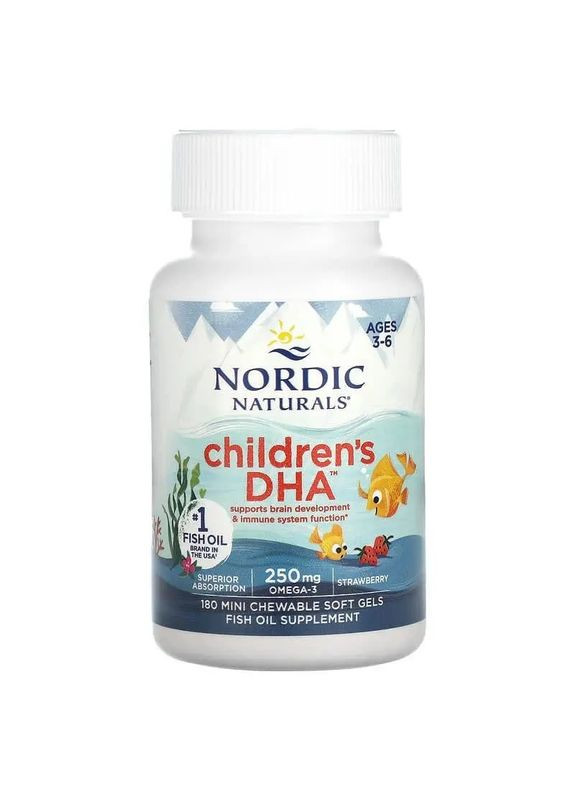 Риб'ячий жир для дітей, Children's DHA,, 250 мг, 180 капсул (Полуниця) Nordic Naturals (329199663)