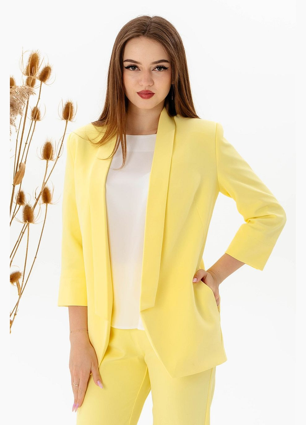Желтый женский жакет удлиненный женский 211 креп жёлтый Актуаль - демисезонный