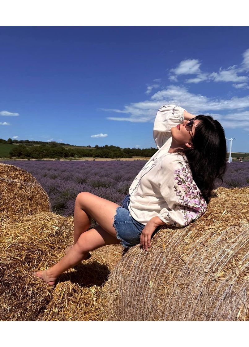 Молочная женская льняная вышиванка этно блуза с вышивкой узор цветочный приталенная, свободная, прямой лен (322503779)