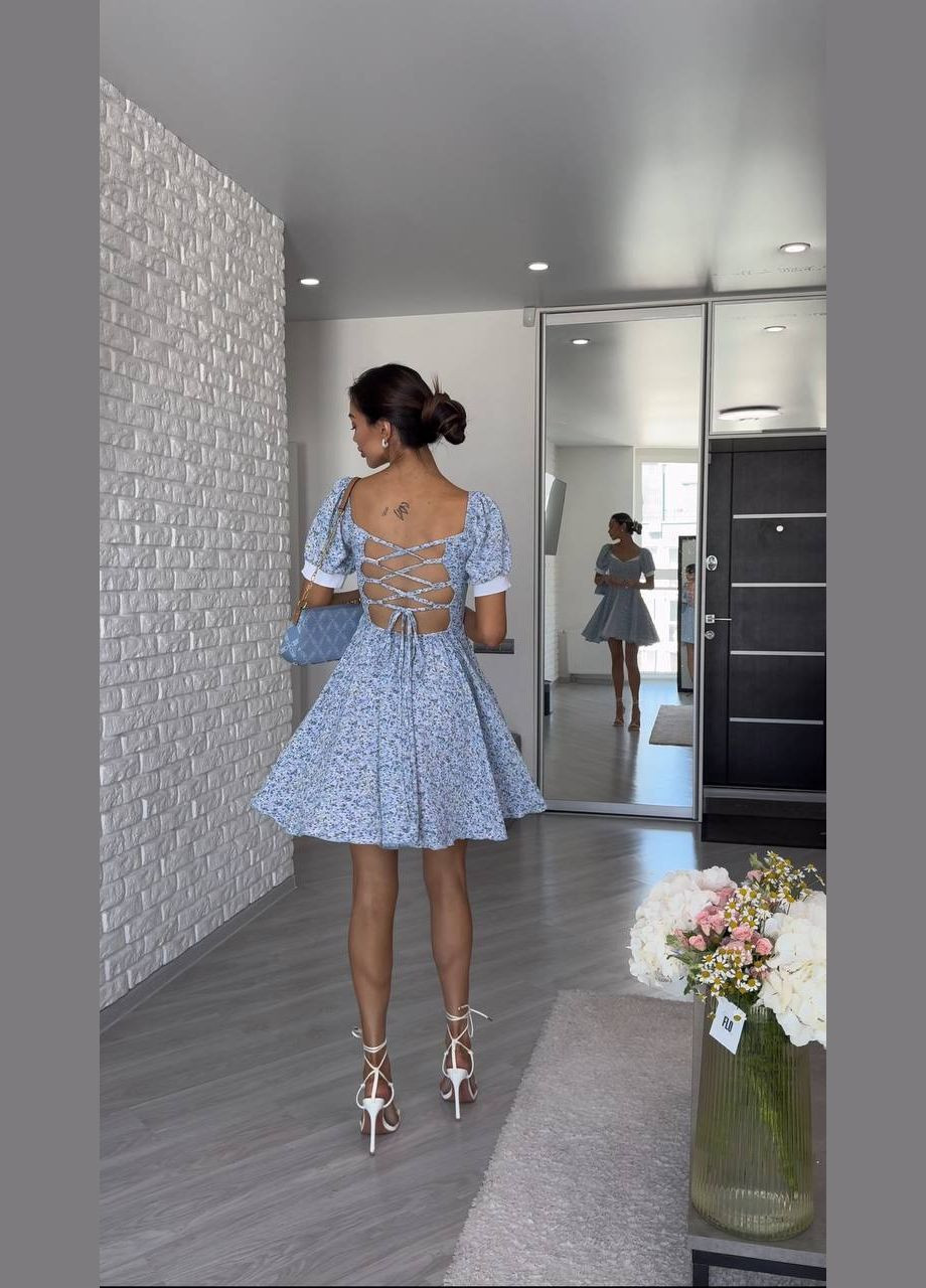 Блакитна кежуал вишукана міні сукня з короткий рукавом з пишною спідницею Adelante з квітковим принтом