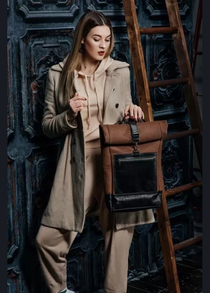 Рюкзак зі шкіри та повсті Woolberg коричневий L Skin and Skin (285260649)