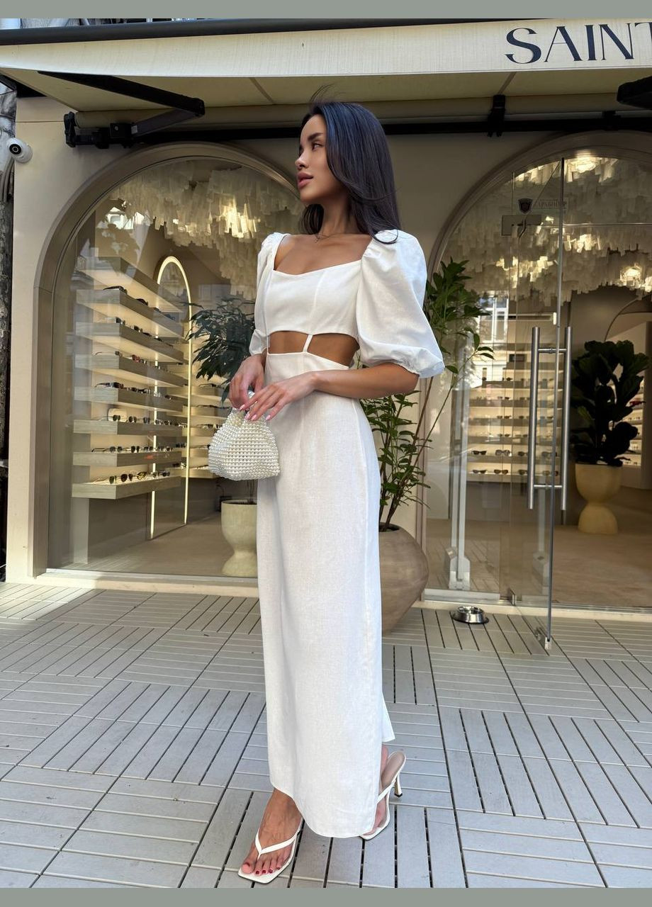 Молочна довга лляна сукня молочного кольору 33776 а-силует No Brand однотонна