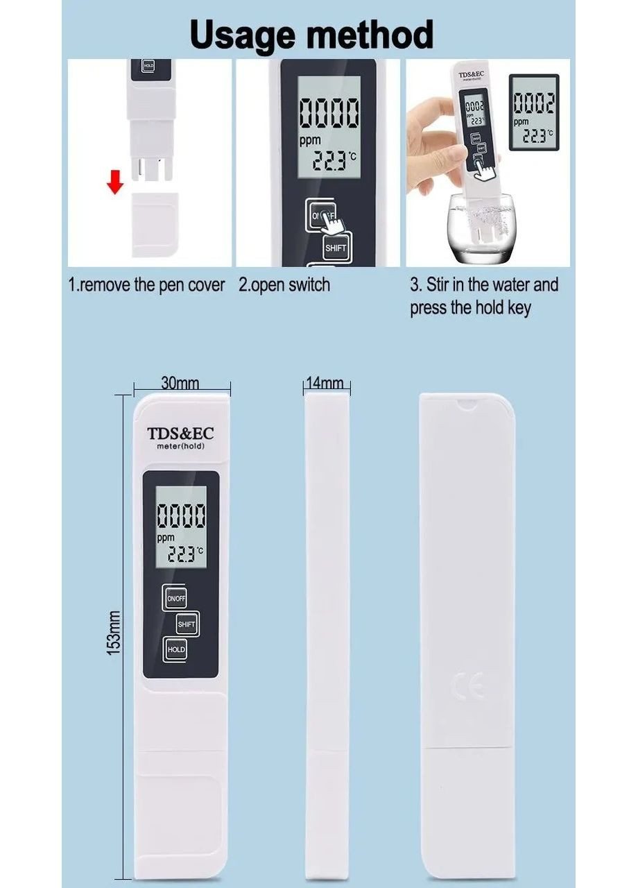 Цифровой тестер качества воды измеритель TDS EC Температура Солемер Минералометр с батарейкой No Brand (341324884)