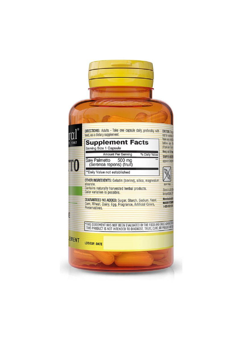 Со Пальметто 500 мг, Здоровье Простаты, Saw Palmetto,, 90 капсул Mason Natural (330626682)