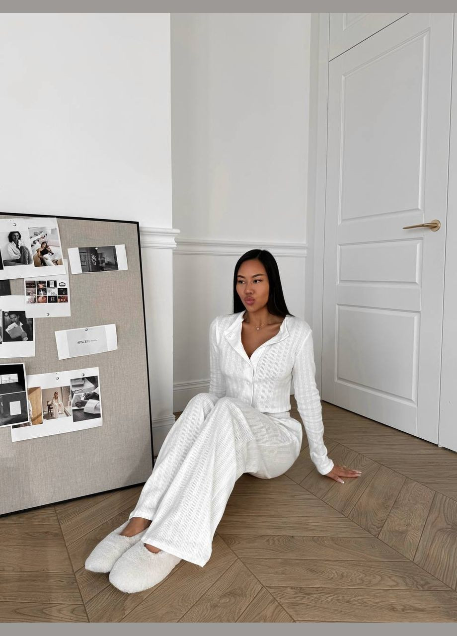 Хлопковый домашний комплект тройка (шорты+рубашка+штаны) молочного цвета 31545 No Brand (323643153)