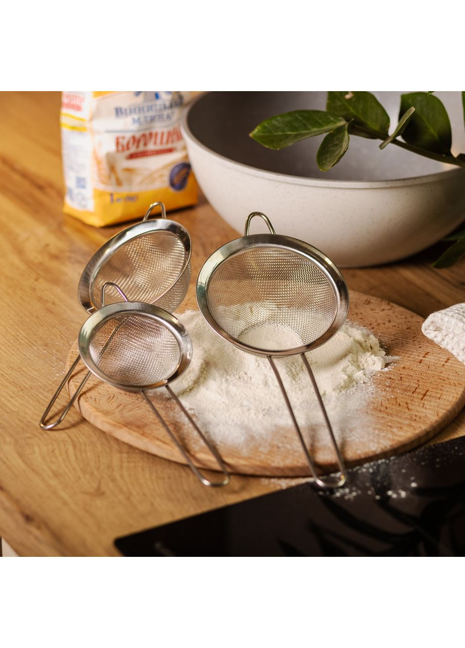 Набор ситечек 3 штуки для чая и муки из нержавеющей стали 8,10,12 см кухонные инструменты для просеивания ProDobro (364190663)