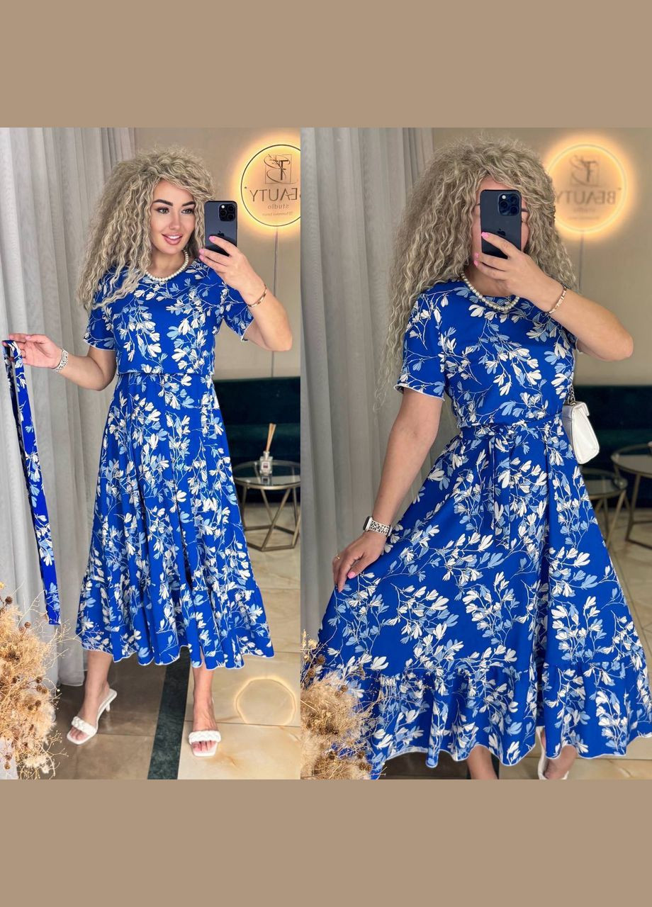 Синя сукня софт весна-літо з пояском та принтом No Brand