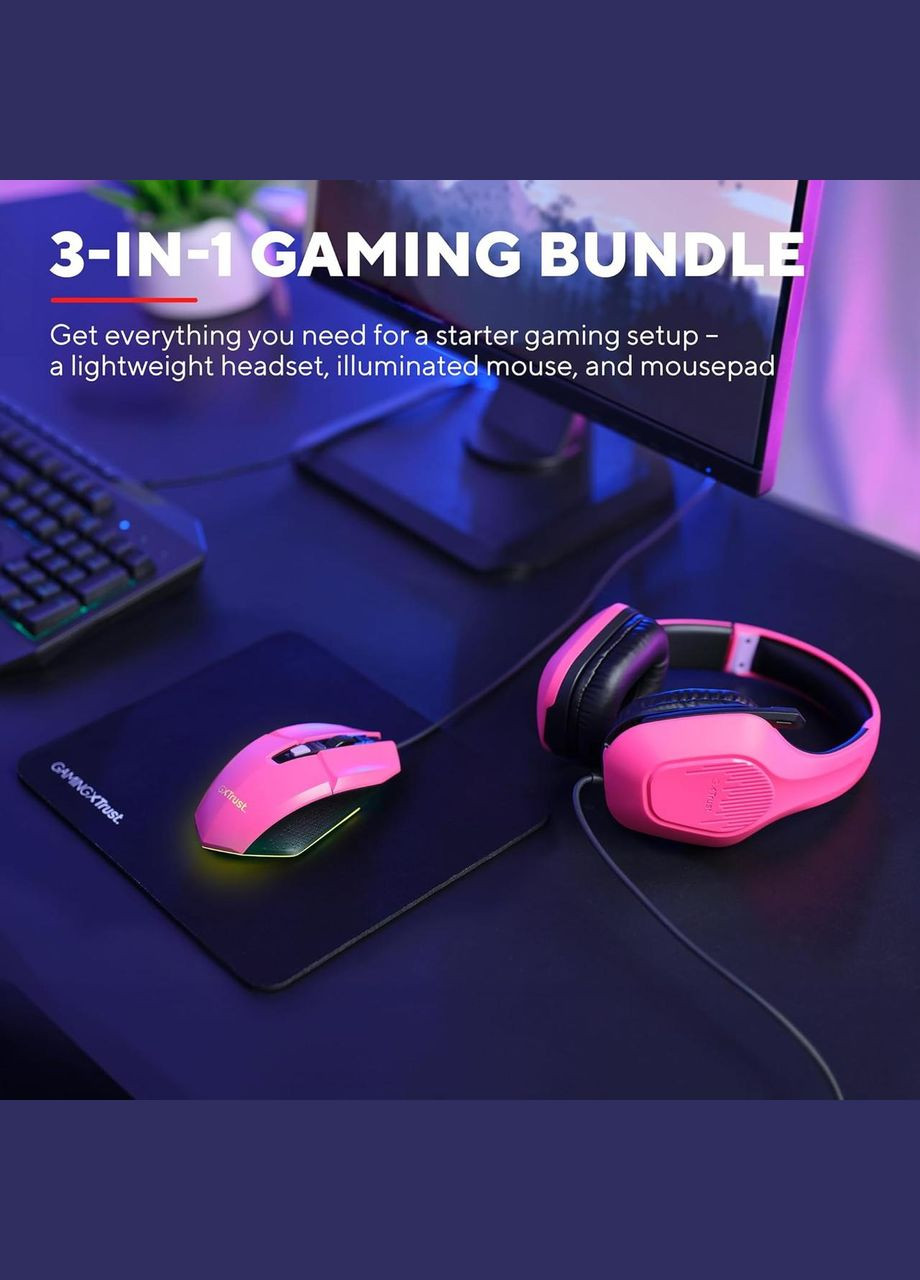 Игровой геймерский набор GXT 790P Tridox: проводная гарнитура 3.5мм, USB мышь 6400 DPI, коврик, Trust (334293329)