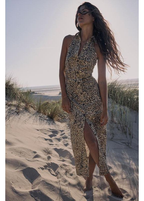 Коричнева сукня-сорочка з суміші льону з анімалістичним принтом. Zara