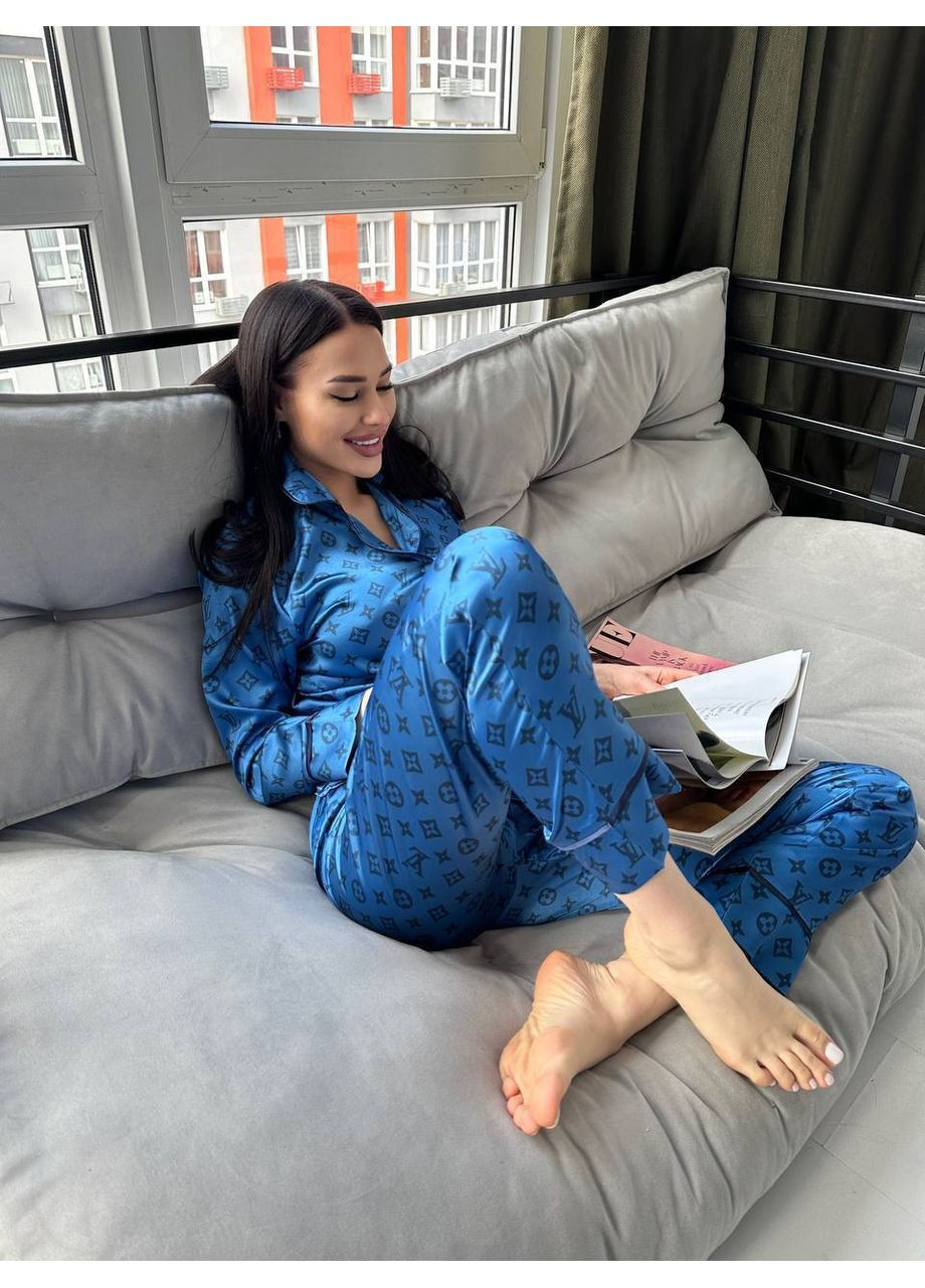 Синяя всесезон женская пижама, l рубашка + брюки No Brand