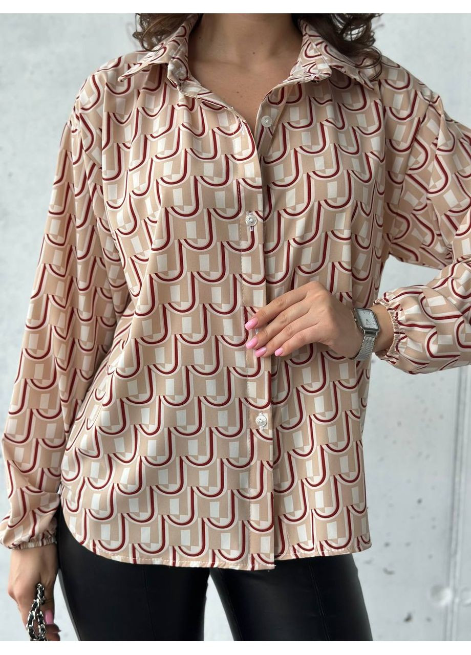 Бежева блуза жіноча в ретро стилі софт принт з рукавами на ґудзиках Україна