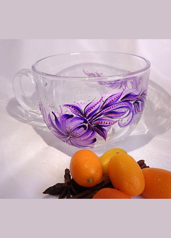 Чашка прозора скляна з авторським розписом ручної роботи "Фіолетова гілка" No Brand (349842960)