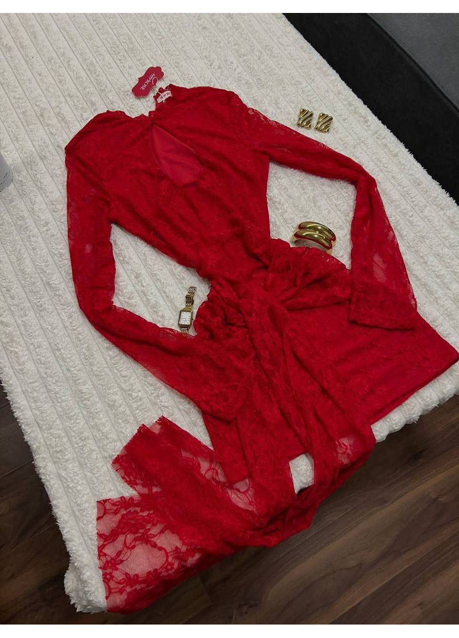 Червона святковий міні сукня з мікродайвінгу та мережива, стильна й жіночна — заміри в описі силуетна DK/DL Мода без кордонів однотонна