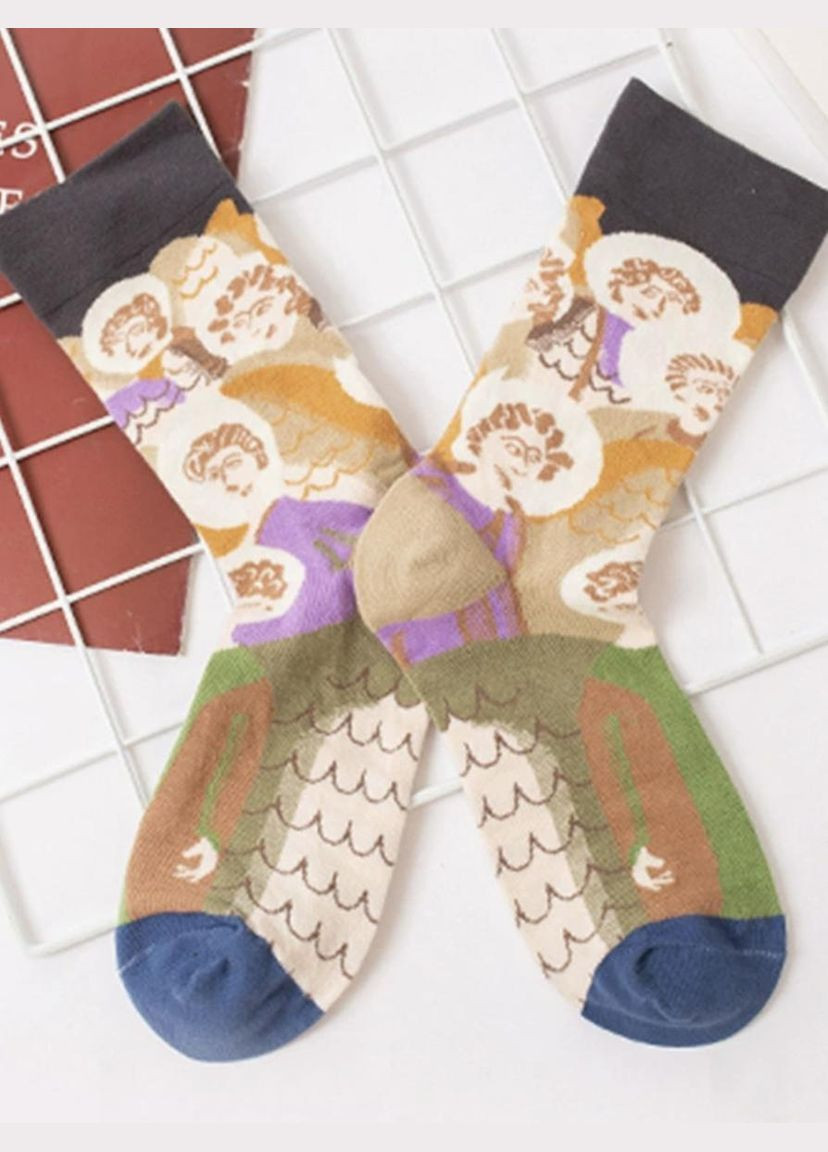 Комбинированные носки женские, высокие с рисунком ангелов, хлопковые, 35-40р, разноцветные (336386102)