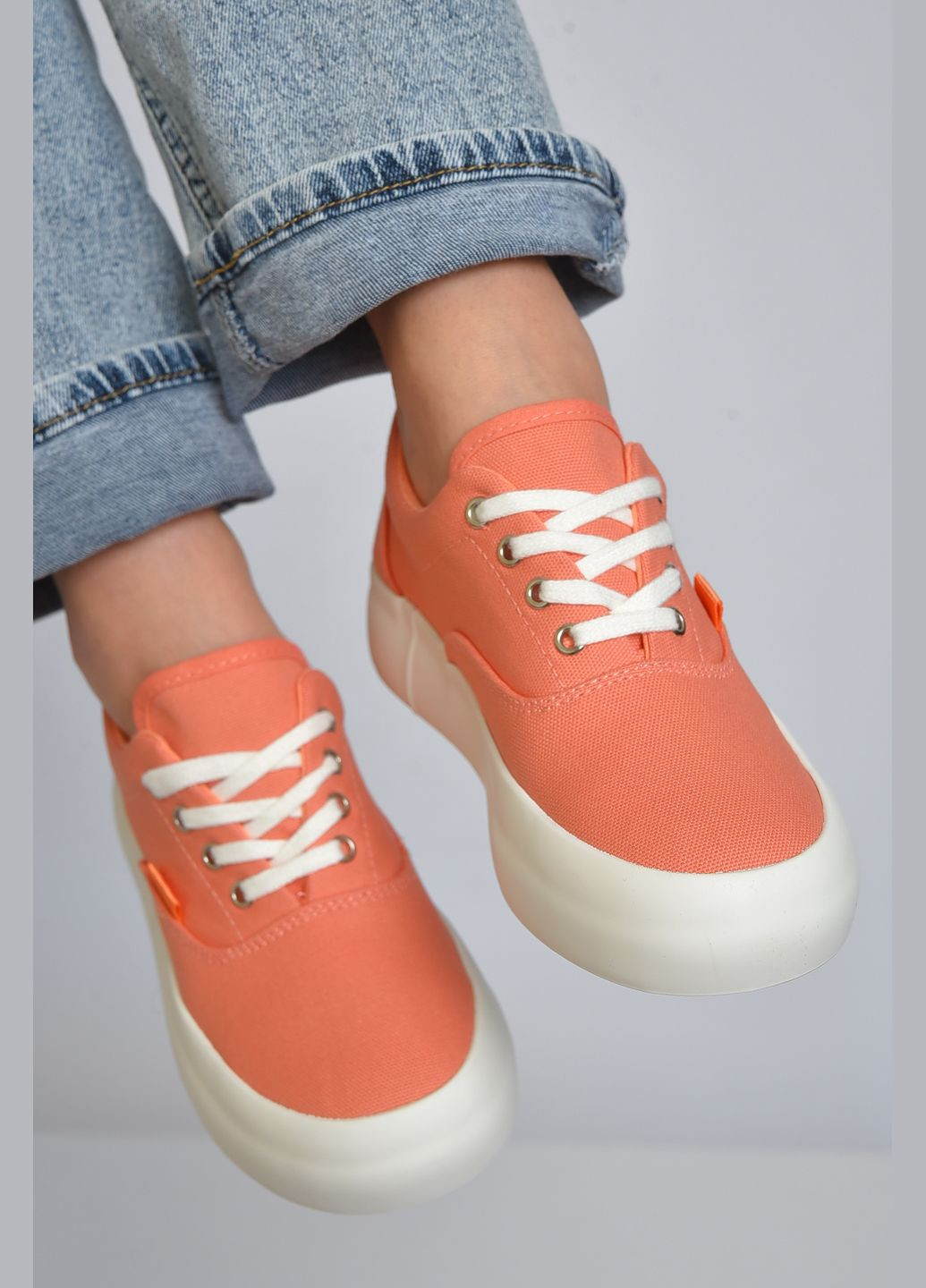 Персикові кеди жіночі персикового кольору на шнурівці текстиль Let's Shop