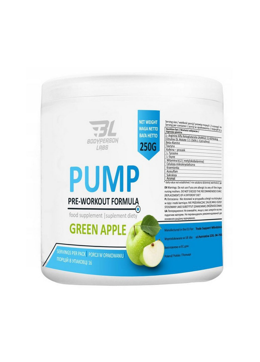 Предтренувальний комплекс Labs Pump, 250 грам Зелене яблуко Bodyperson Labs (293339891)